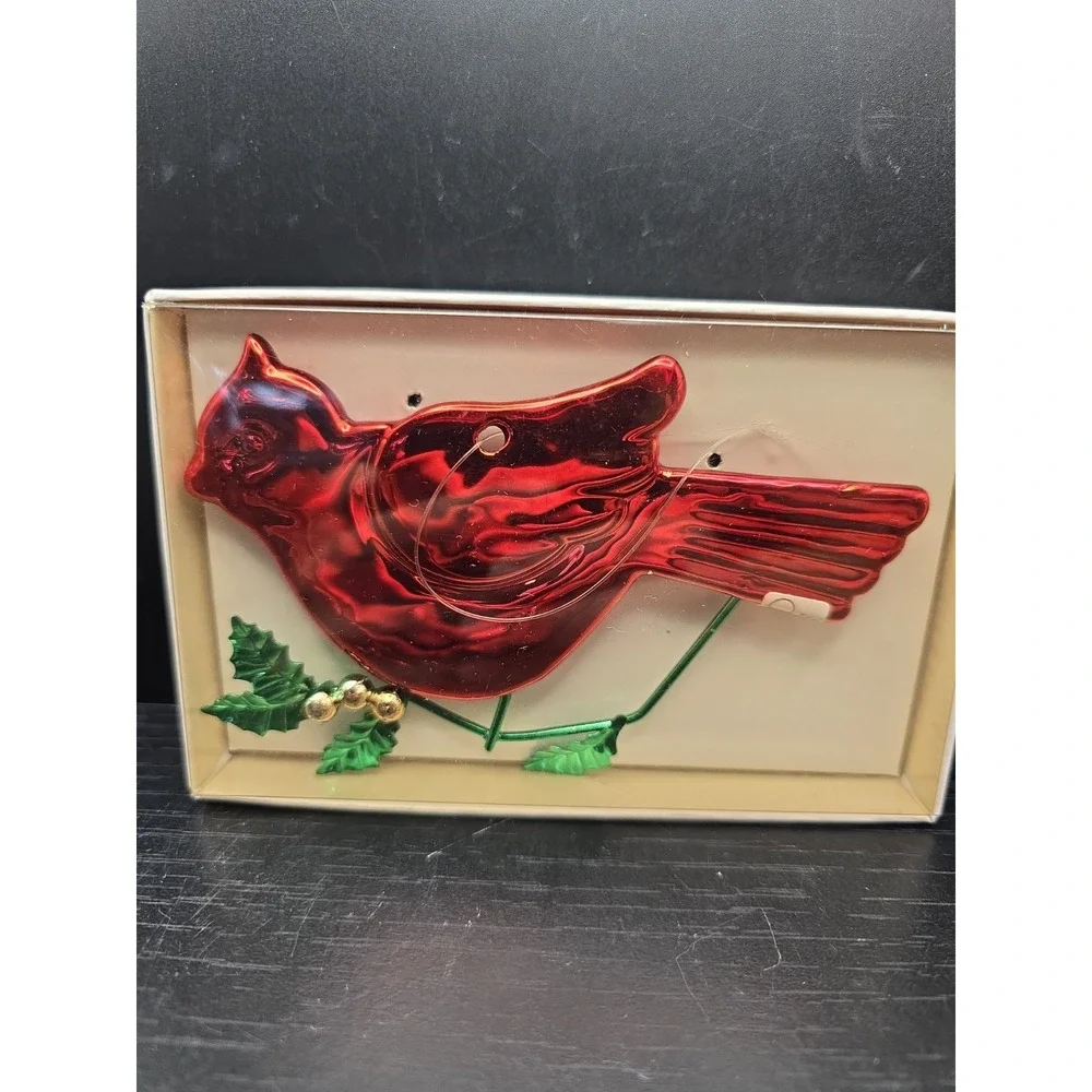 Vtg Dept 56 Red Cardinals Ornament Xmas Mercury Glass WIre Tin Holly Leave Bird